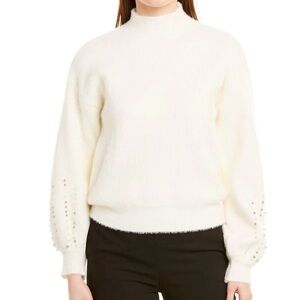 Gracia Cream Mock Neck Fuzzy Sweater with Embellished Sleeves